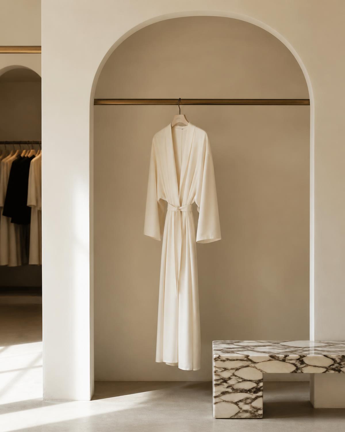 Interior of the Ivory Aven boutique exhibition space with an arched alcove and marble bench