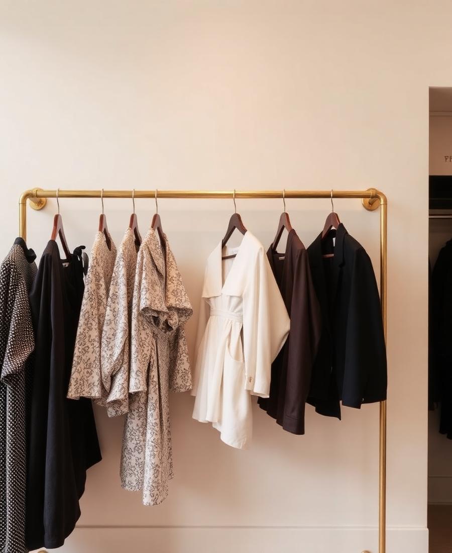 Designer garments on a brass rail in a luxury boutique