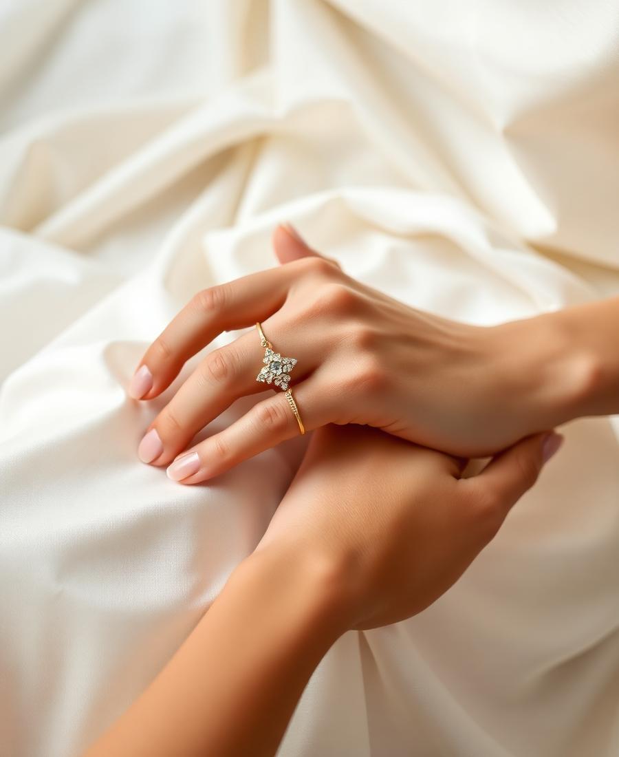 Hands wearing fine gold jewellery on ivory silk