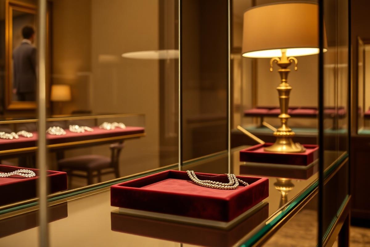 Jewellery vitrine with velvet trays and a brass lamp