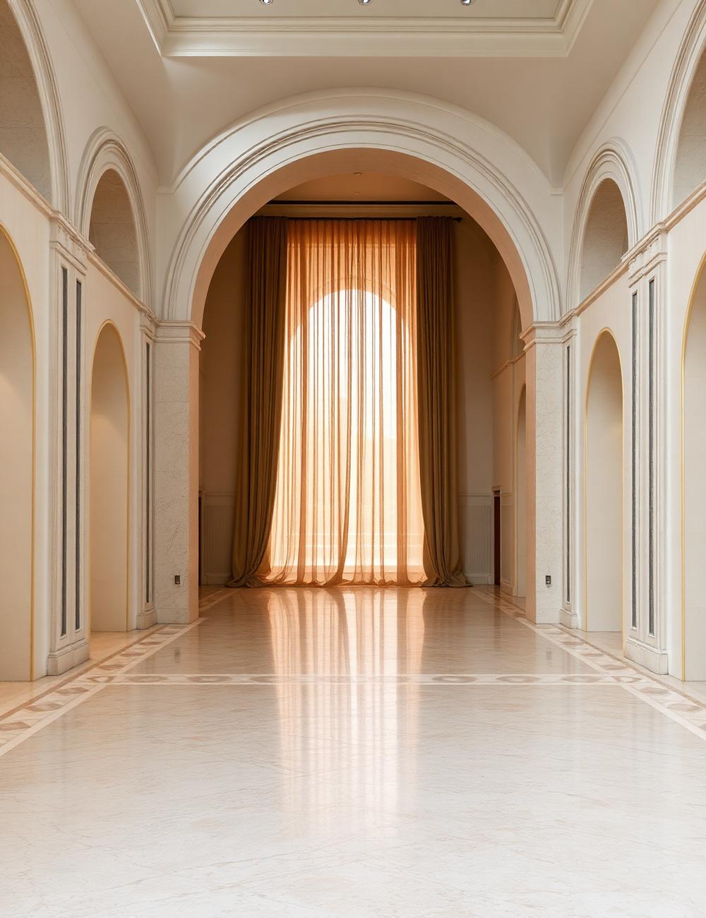 Arched niches and travertine flooring inside the exhibition space